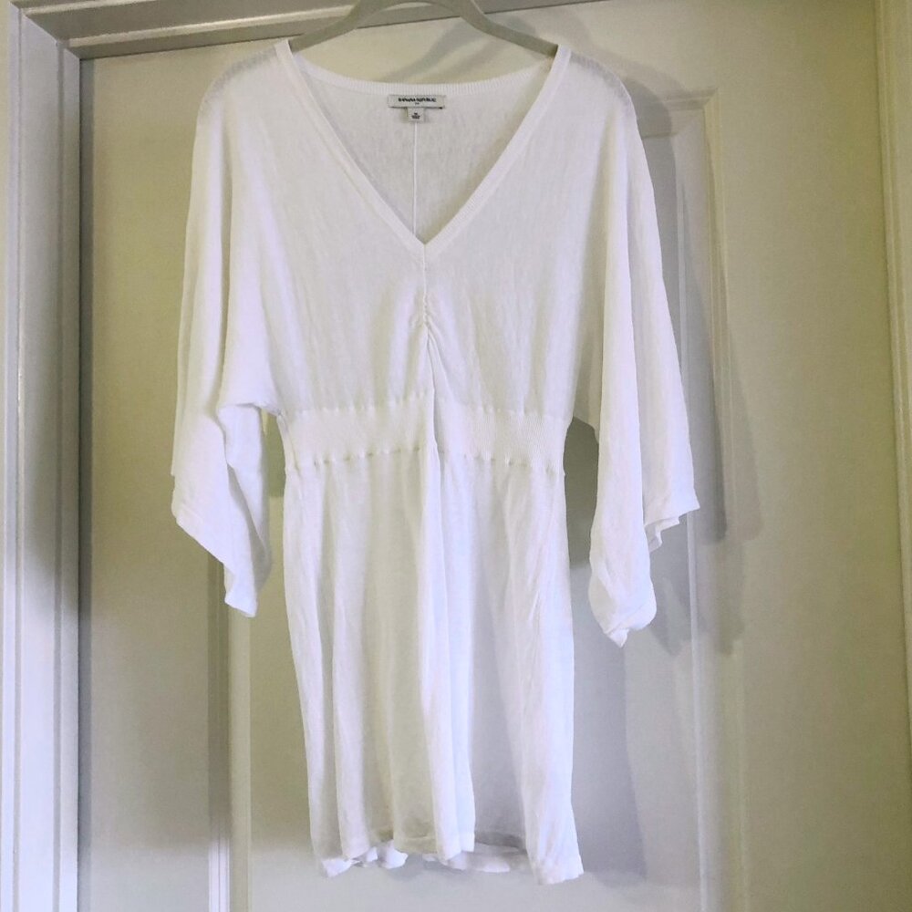 Banana Republic Kimono Sleeve Empire Waist V Neck Linen Blend Top White Size M